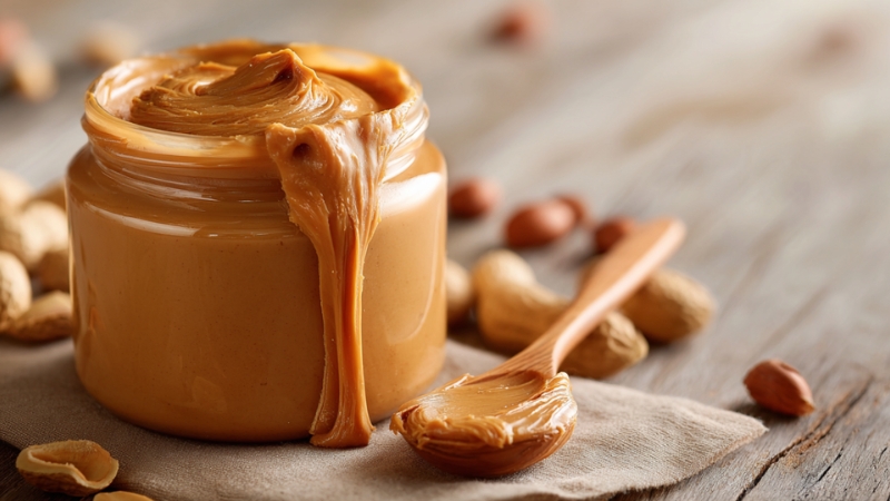 Tegla kremastog kikiriki putera sa drvenom kašikom na stolu, okružena zrnevljem kikirikija