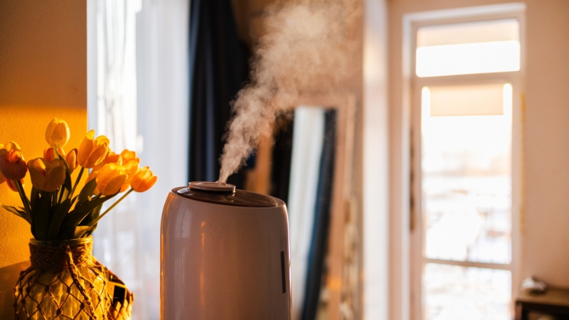 Ovlaživač vazduha ispušta paru u dnevnoj sobi pored prozora i vaze sa žutim tulipanima
