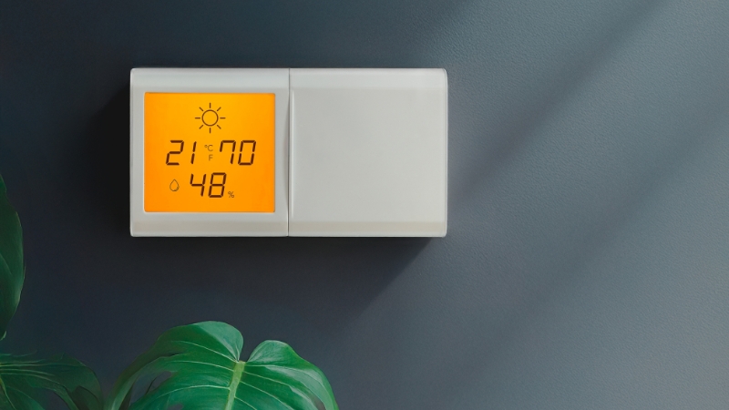 Digitalni higrometar na zidu prikazuje temperaturu i 48% vlažnosti vazduha u prostoriji